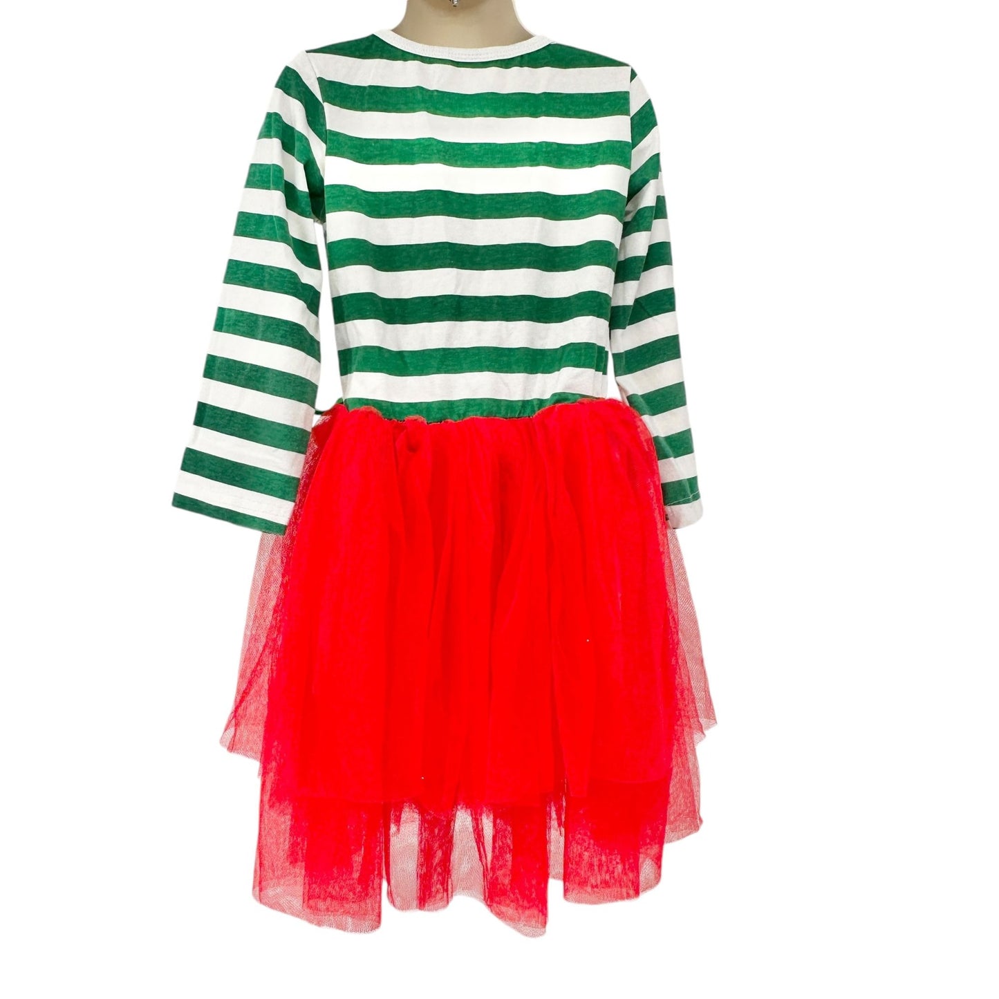 Festive Christmas Holiday Dress Girls L Green White Striped Top Red Tulle Skirt