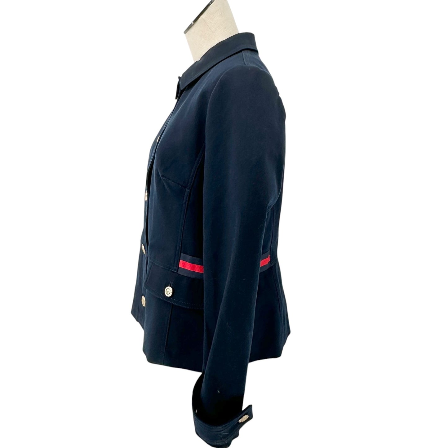 Talbots Classic Jacket Womens Size 10 Navy Red Accents Button-Front Cotton Blend