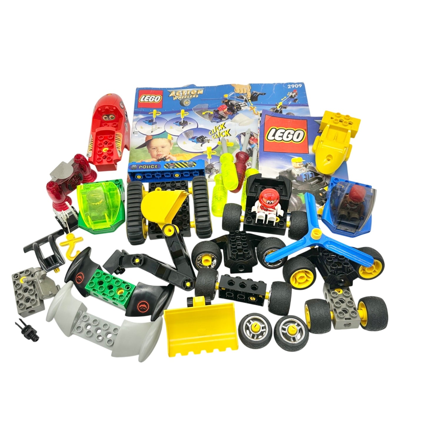Lego Action Wheelers Misc Pieces Set -Figures Vehicles Tools Instructs Vtg 2909