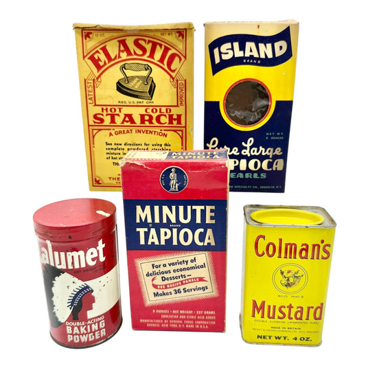 Set Of 5 Vintage Collectible Tins and Boxes Starch Tapioca Baking Powder Mustard