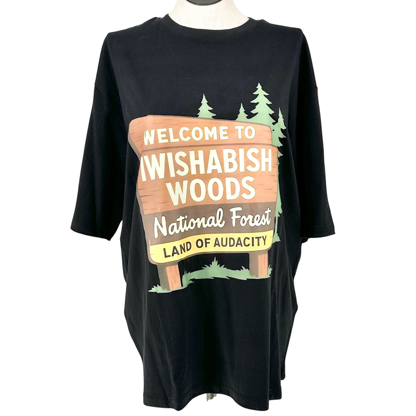 Welcome To Wishabish Woods National Forest Tee 2XL Black Cotton Graphic Shirt