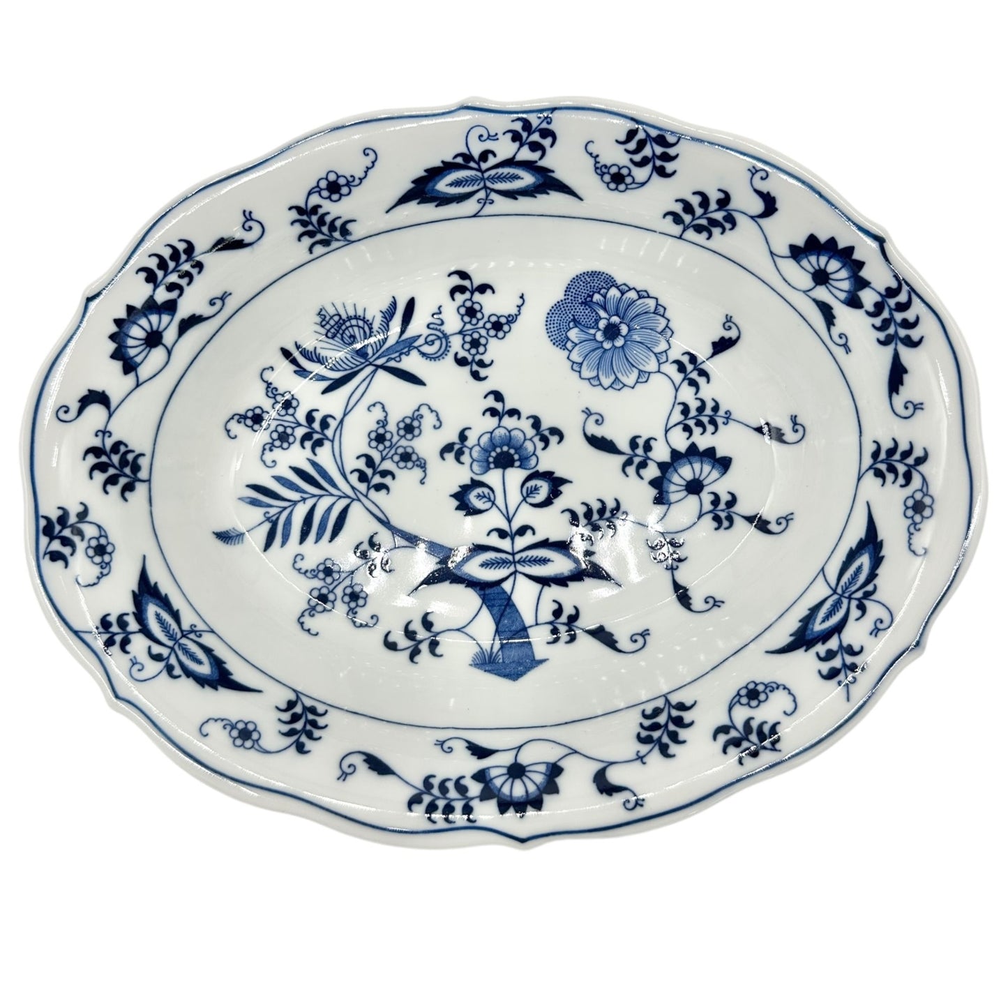 Blue Danube Oval Serving Bowl Floral Pattern Porcelain Scalloped Edge White Blue