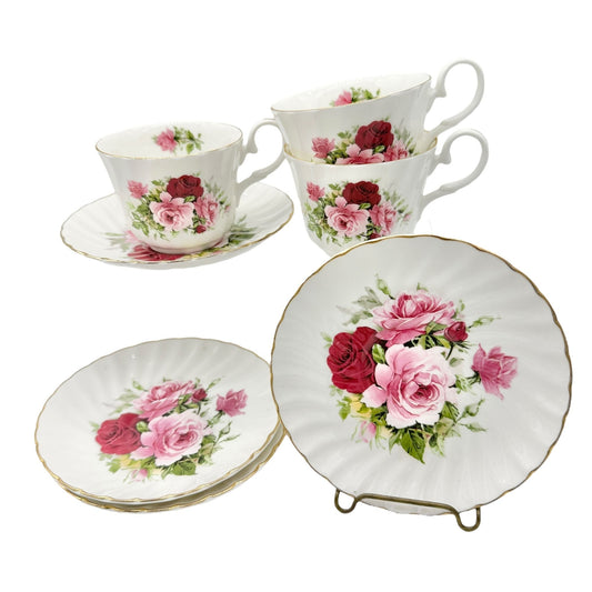 Royale Garden Bone China Teacup and Saucer Set Pink Rose Design 3 cups 4 saucers
