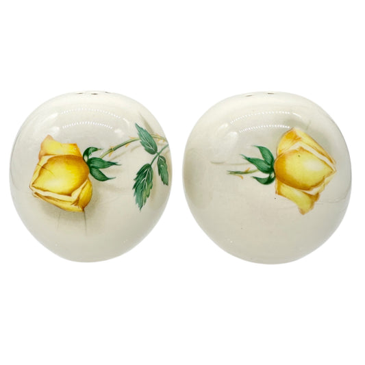 Vtg Ceramic Salt and Pepper Shakers White With Yellow Rose Design Kitchen Decor