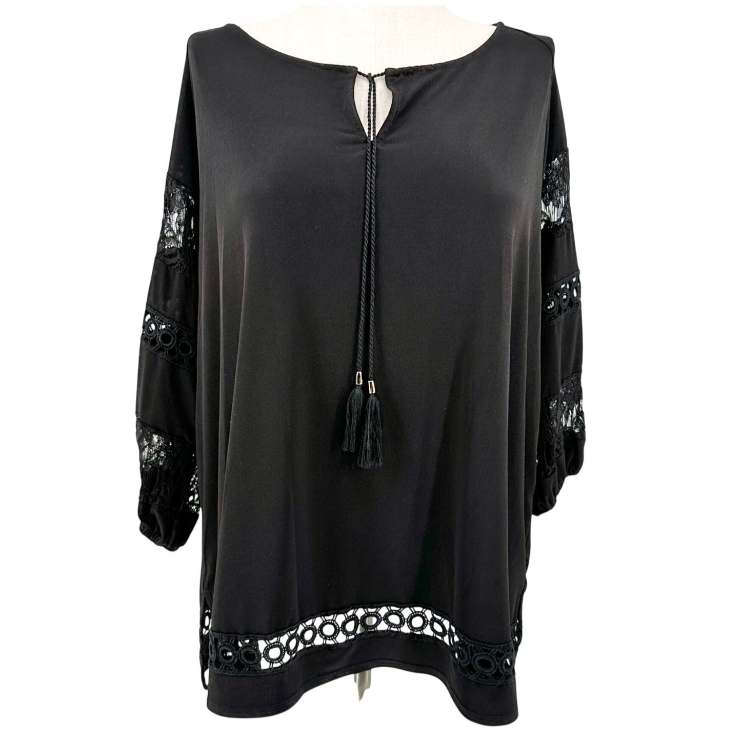 Jones Studio Tunic Top Womens 2X Black Lace Sleeves Accents Tassel Tie Neckline