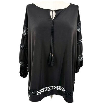 Jones Studio Tunic Top Womens 2X Black Lace Sleeves Accents Tassel Tie Neckline
