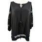 Jones Studio Tunic Top Womens 2X Black Lace Sleeves Accents Tassel Tie Neckline