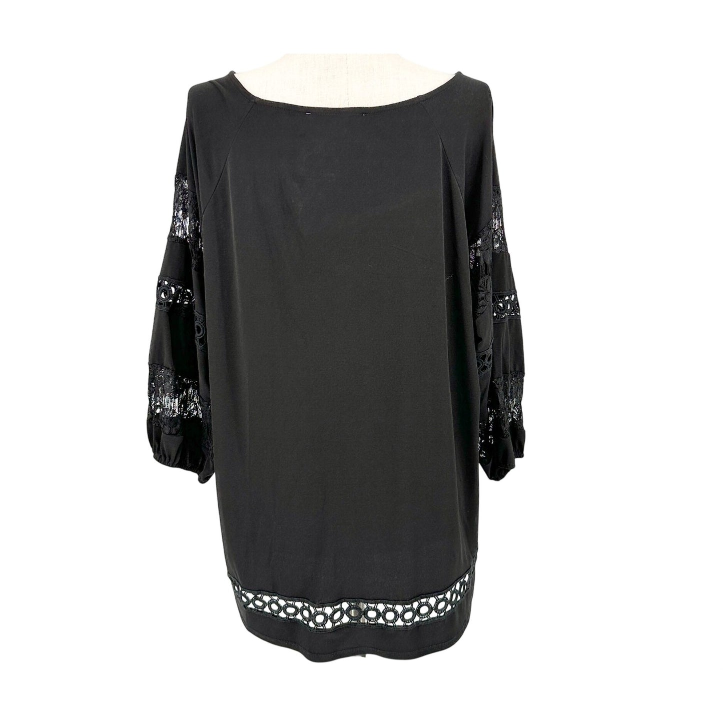 Jones Studio Tunic Top Womens 2X Black Lace Sleeves Accents Tassel Tie Neckline