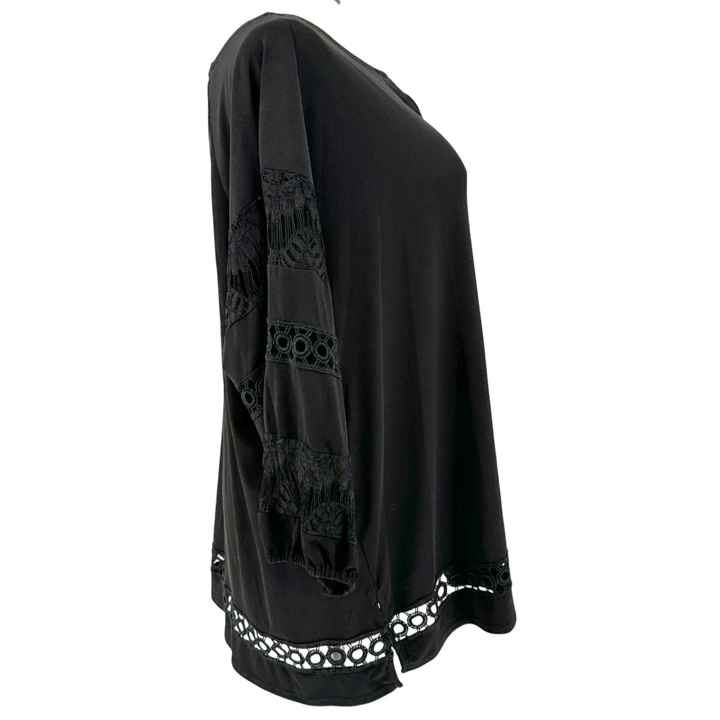 Jones Studio Tunic Top Womens 2X Black Lace Sleeves Accents Tassel Tie Neckline