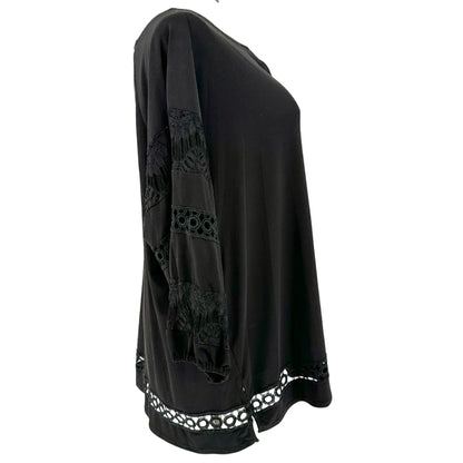 Jones Studio Tunic Top Womens 2X Black Lace Sleeves Accents Tassel Tie Neckline