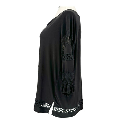 Jones Studio Tunic Top Womens 2X Black Lace Sleeves Accents Tassel Tie Neckline