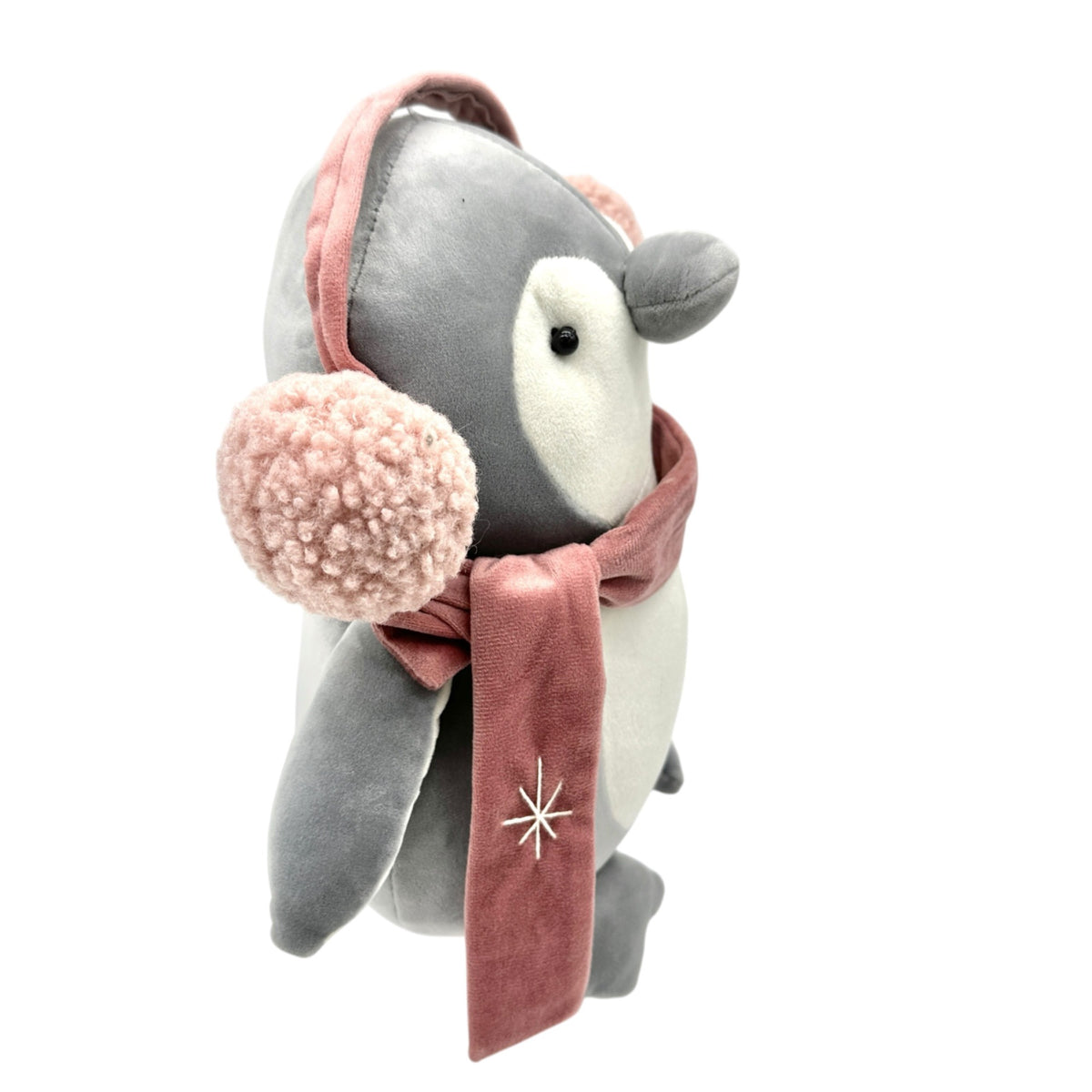 Plush Penguin With Pink Scarf and Earmuffs Gray Winter Stuffed Animal Toy 11"H