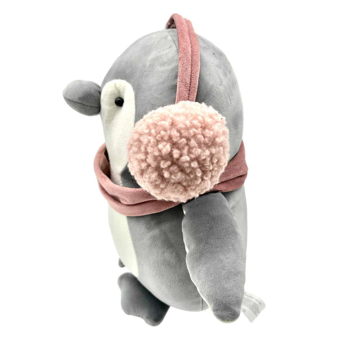 Plush Penguin With Pink Scarf and Earmuffs Gray Winter Stuffed Animal Toy 11"H