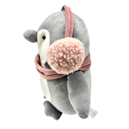 Plush Penguin With Pink Scarf and Earmuffs Gray Winter Stuffed Animal Toy 11"H