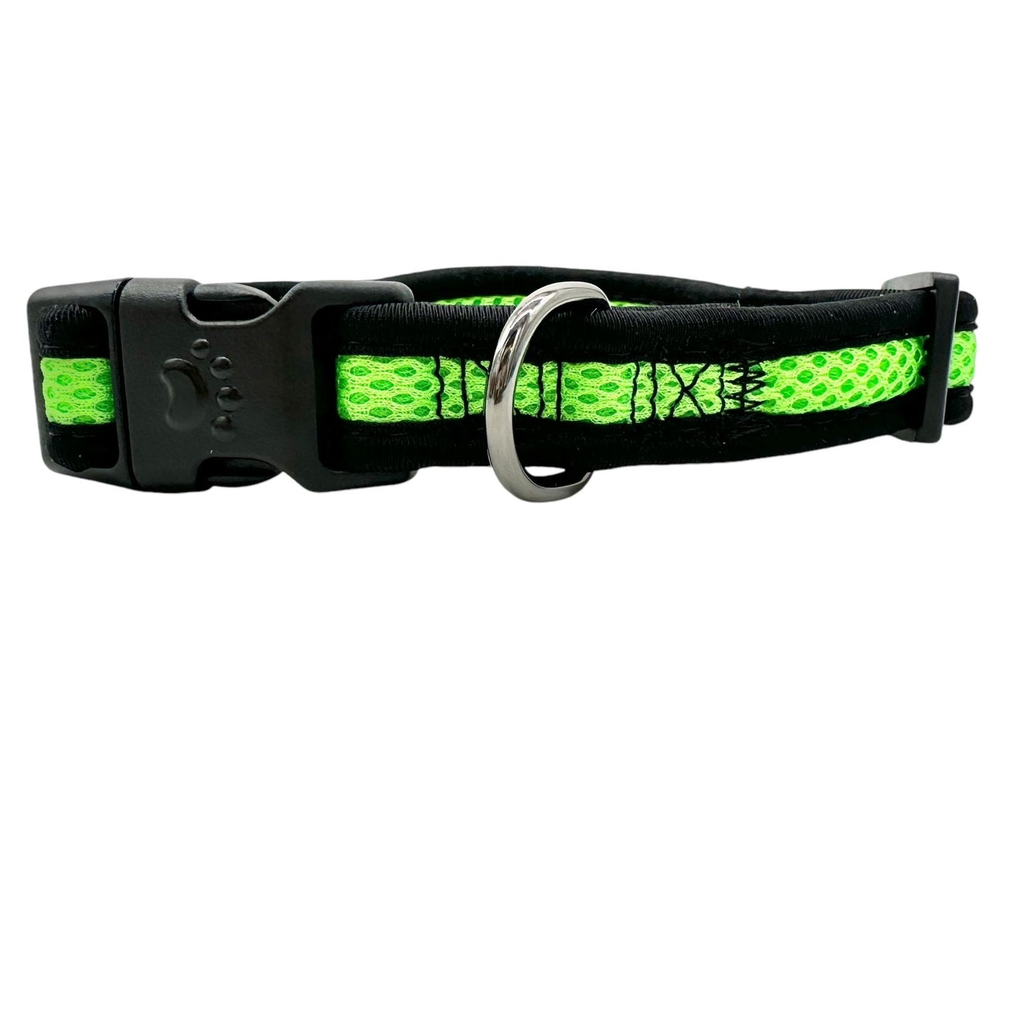 Dog Collar Medium Adjustable Black Green Mesh with Paw Print Buckle