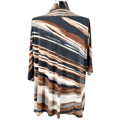 Maggie Barnes 1X Open Front Cardigan Top Earth Tones Brown Black Abstract Print