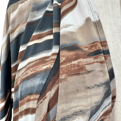 Maggie Barnes 1X Open Front Cardigan Top Earth Tones Brown Black Abstract Print