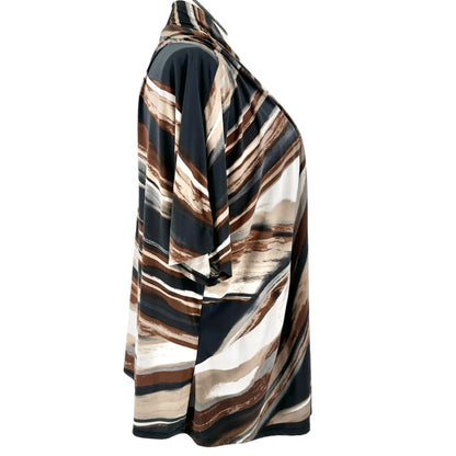 Maggie Barnes 1X Open Front Cardigan Top Earth Tones Brown Black Abstract Print