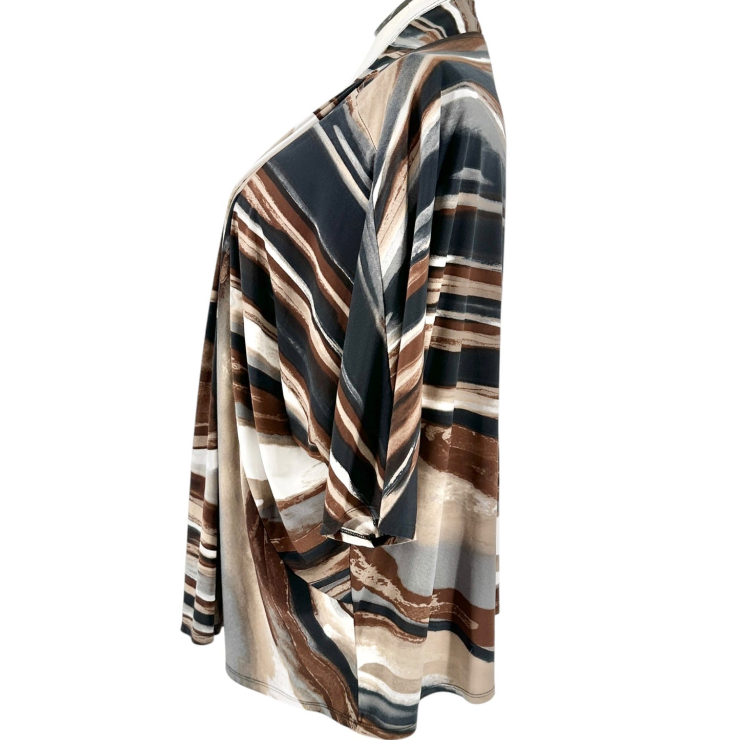Maggie Barnes 1X Open Front Cardigan Top Earth Tones Brown Black Abstract Print