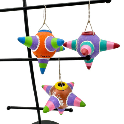Playa del Carmen Mexican Clay Star Pinata Ornaments Set Of 3 Multicolor 3.5" Dia