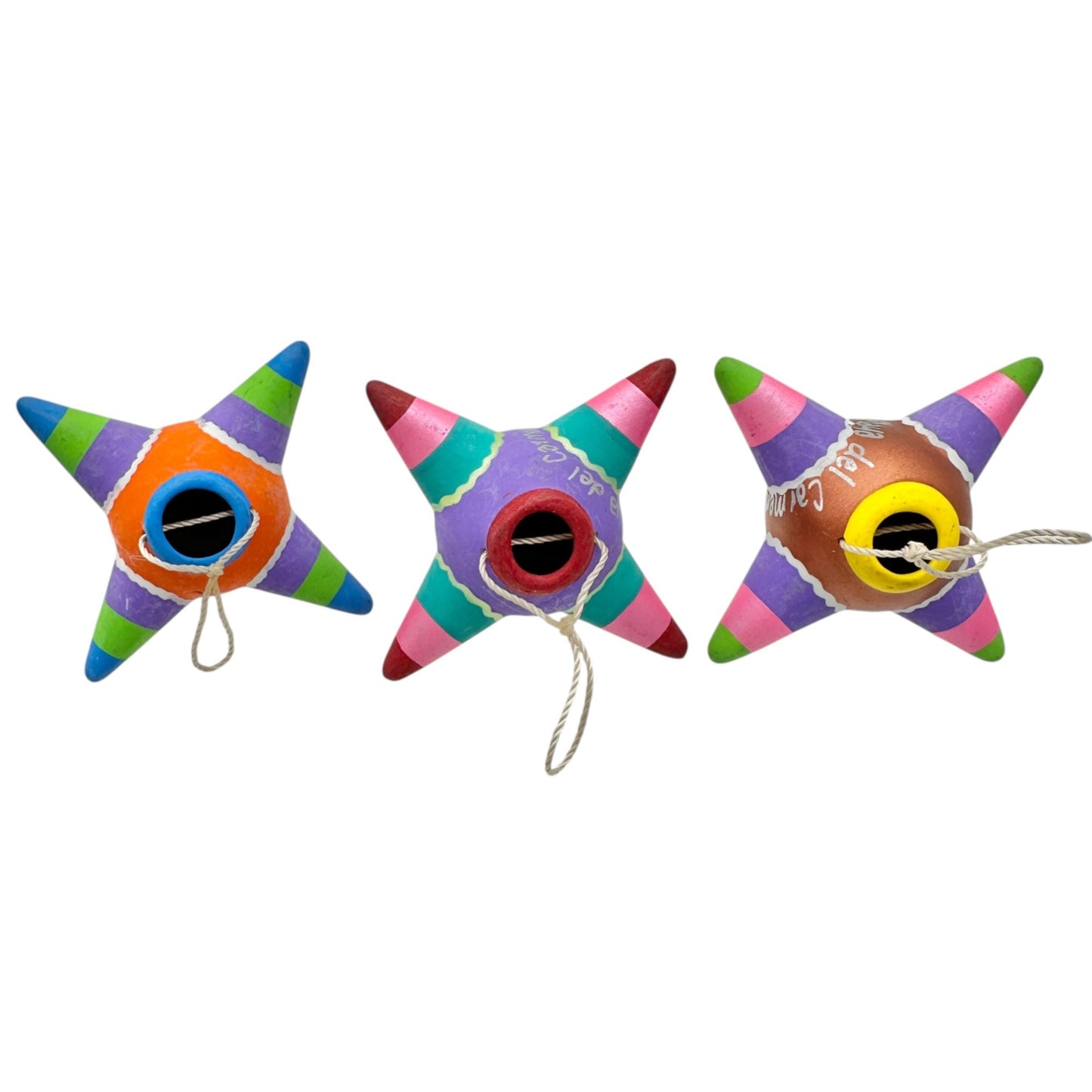Playa del Carmen Mexican Clay Star Pinata Ornaments Set Of 3 Multicolor 3.5" Dia