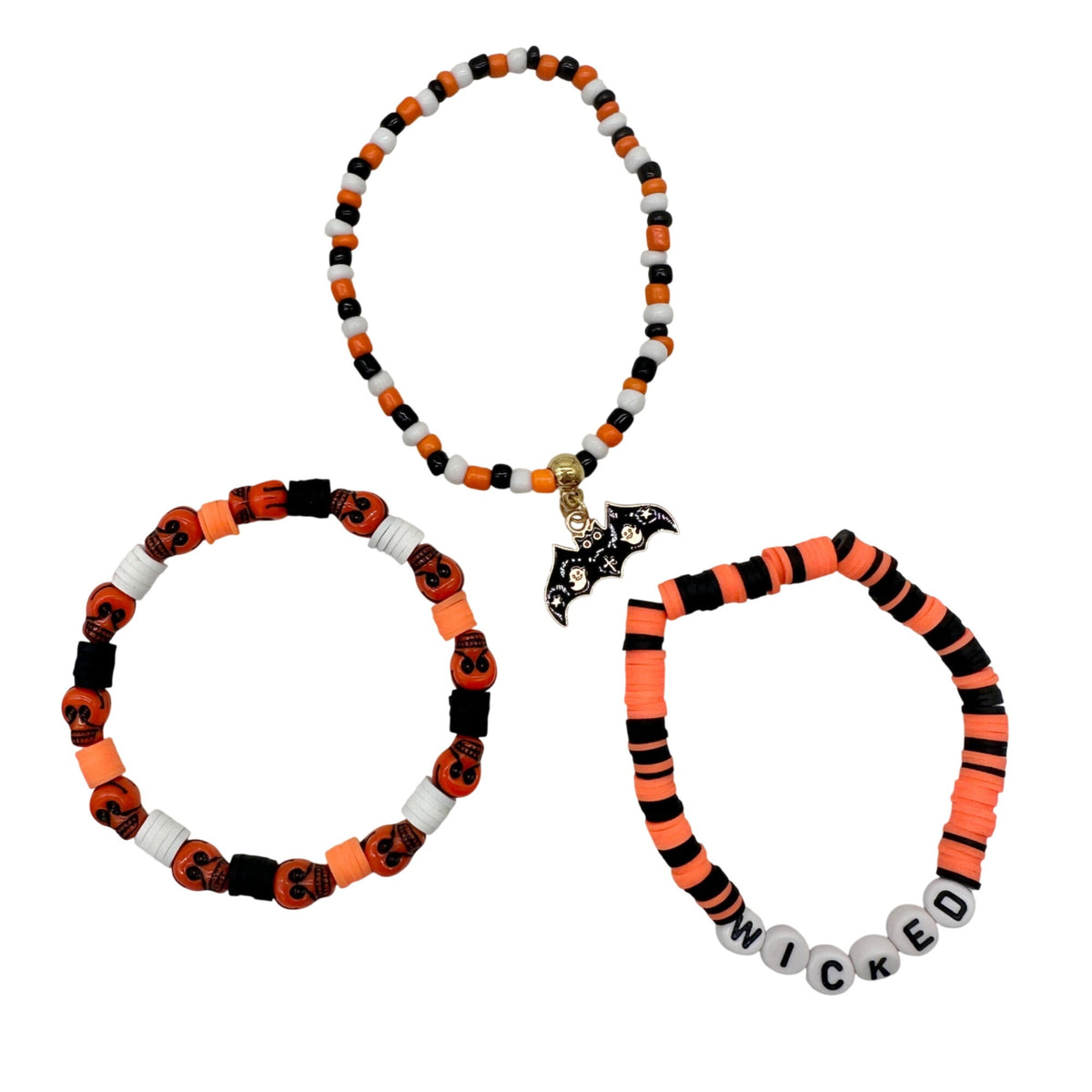 Halloween WICKED Bat Charm Beaded Stretch Bracelet Trio Orange Black White Red