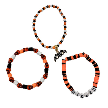 Halloween WICKED Bat Charm Beaded Stretch Bracelet Trio Orange Black White Red