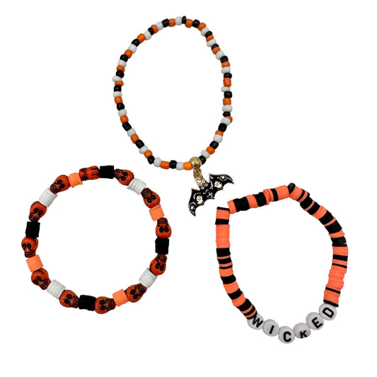 Halloween WICKED Bat Charm Beaded Stretch Bracelet Trio Orange Black White Red