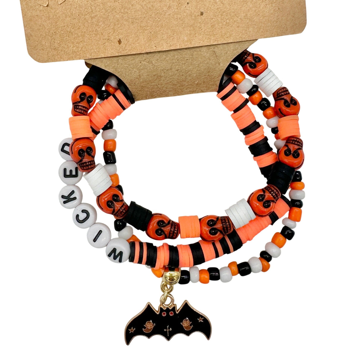 Halloween WICKED Bat Charm Beaded Stretch Bracelet Trio Orange Black White Red
