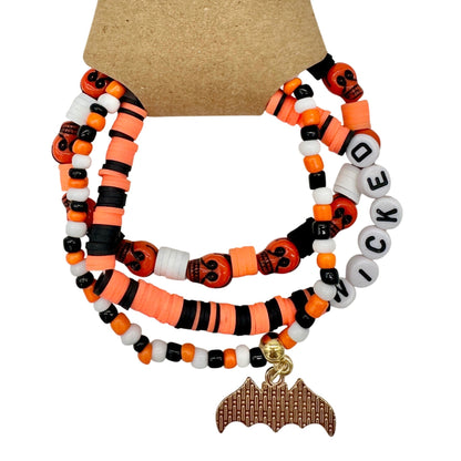Halloween WICKED Bat Charm Beaded Stretch Bracelet Trio Orange Black White Red