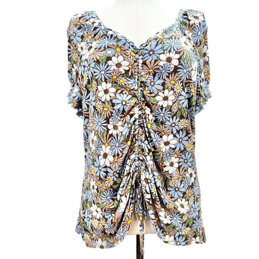 Cato Est 1946 Top Womens Size 22/24 Floral Ruched Blue White Brown SS Stretchy