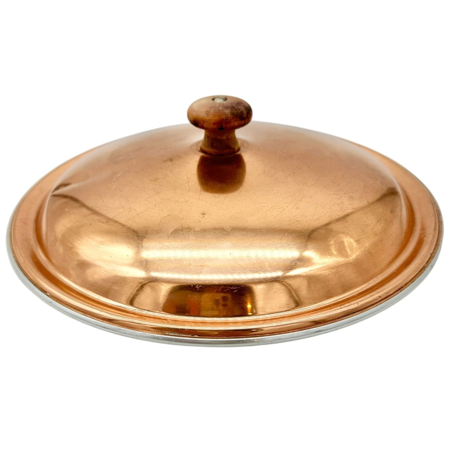Vintage Copper Pot Lid With Wooden Handle Aluminum Interior 10 Inches Wide
