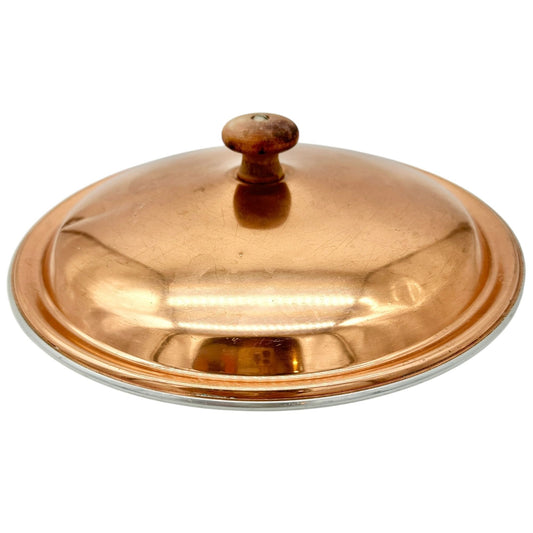 Vintage Copper Pot Lid With Wooden Handle Aluminum Interior 10 Inches Wide