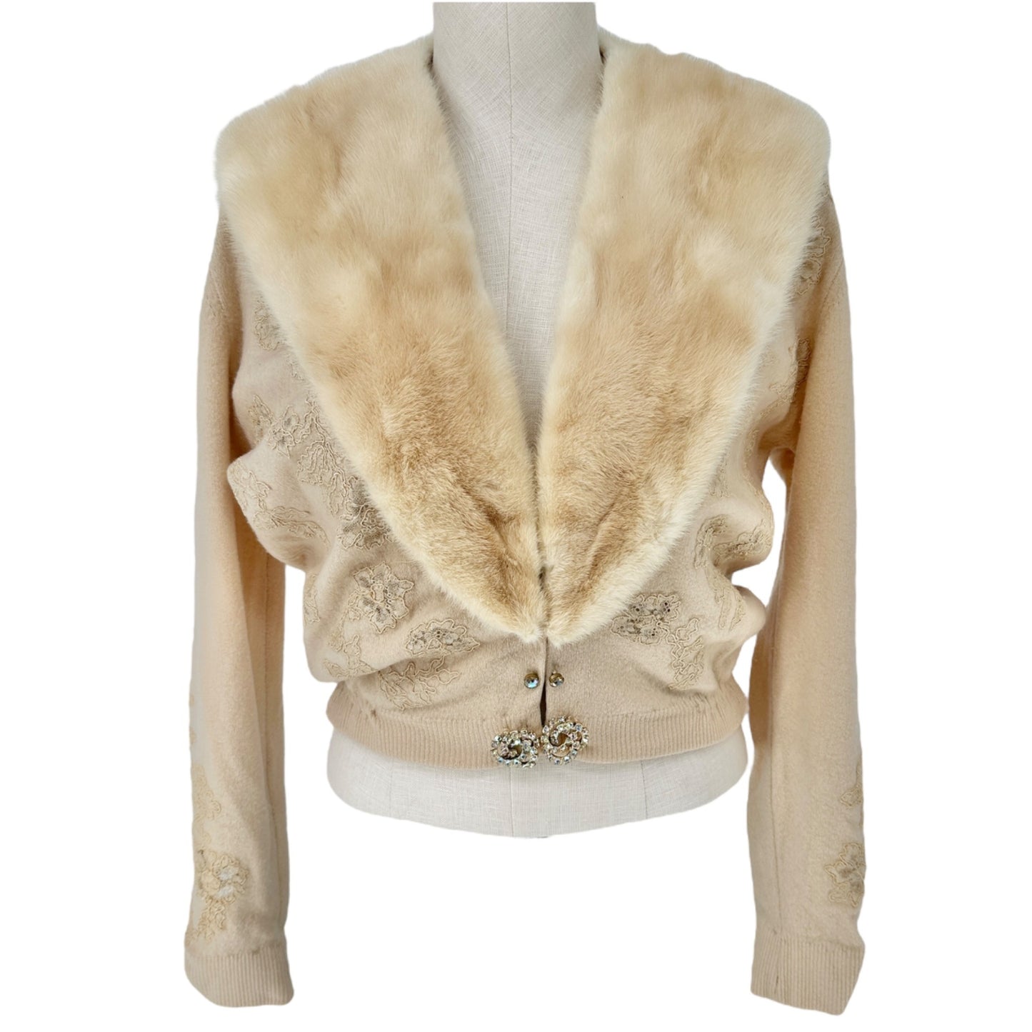 Vintage Pearl Kirsten Cardigan Womens S Beige Fur Collar Lace Rhinestone Detail