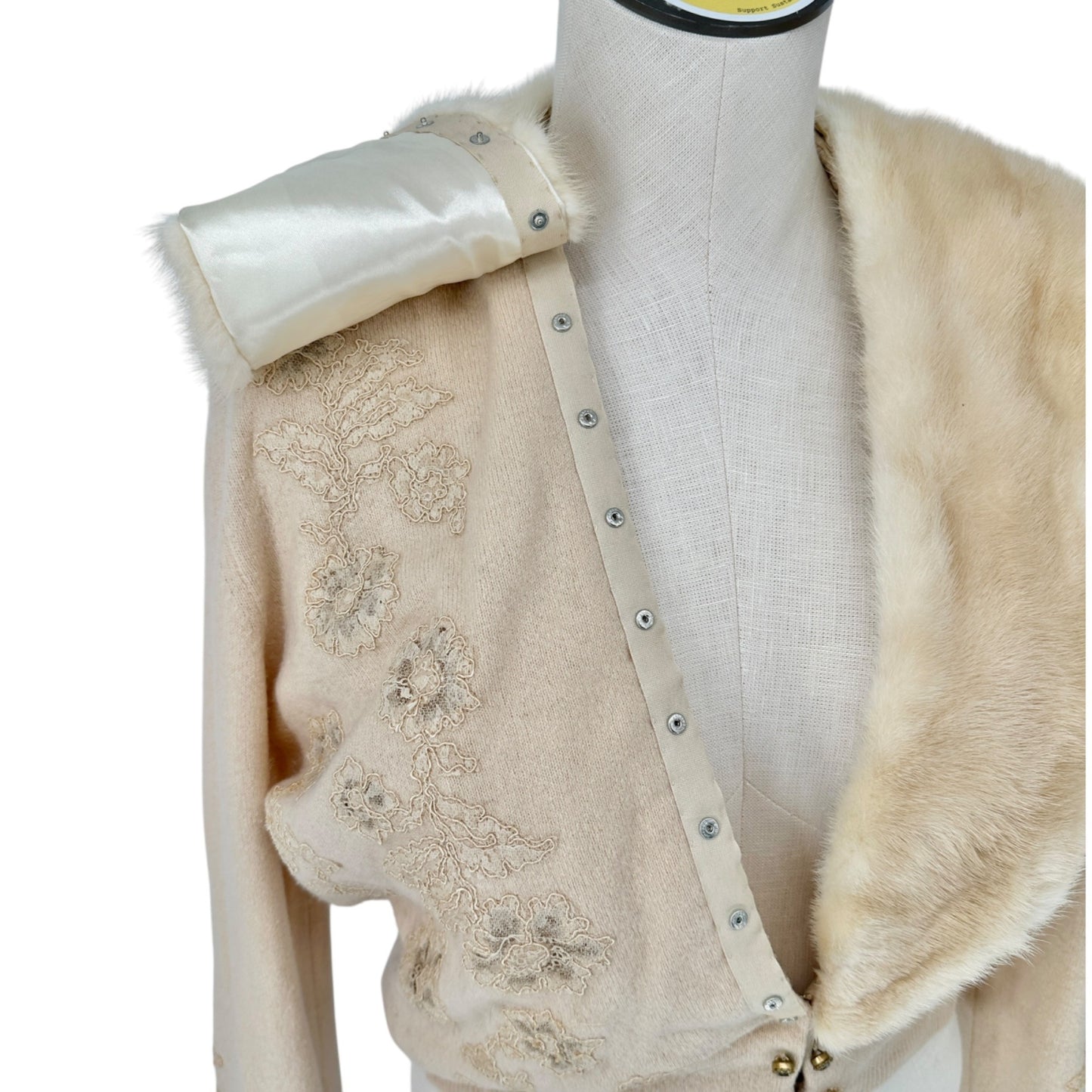 Vintage Pearl Kirsten Cardigan Womens S Beige Fur Collar Lace Rhinestone Detail