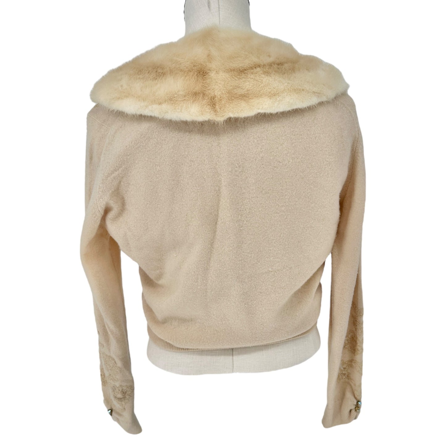 Vintage Pearl Kirsten Cardigan Womens S Beige Fur Collar Lace Rhinestone Detail