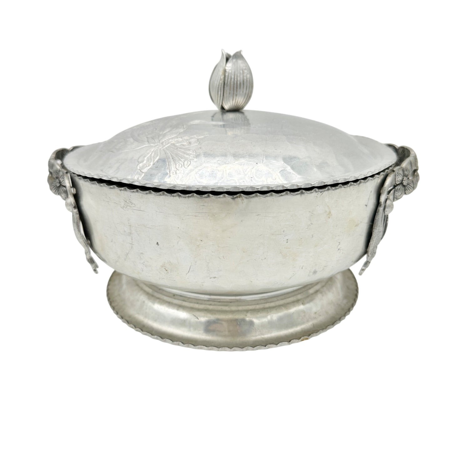 Rodney Kent Silver Co Hand Wrought Aluminum Lidded Serving Dish Floral Design