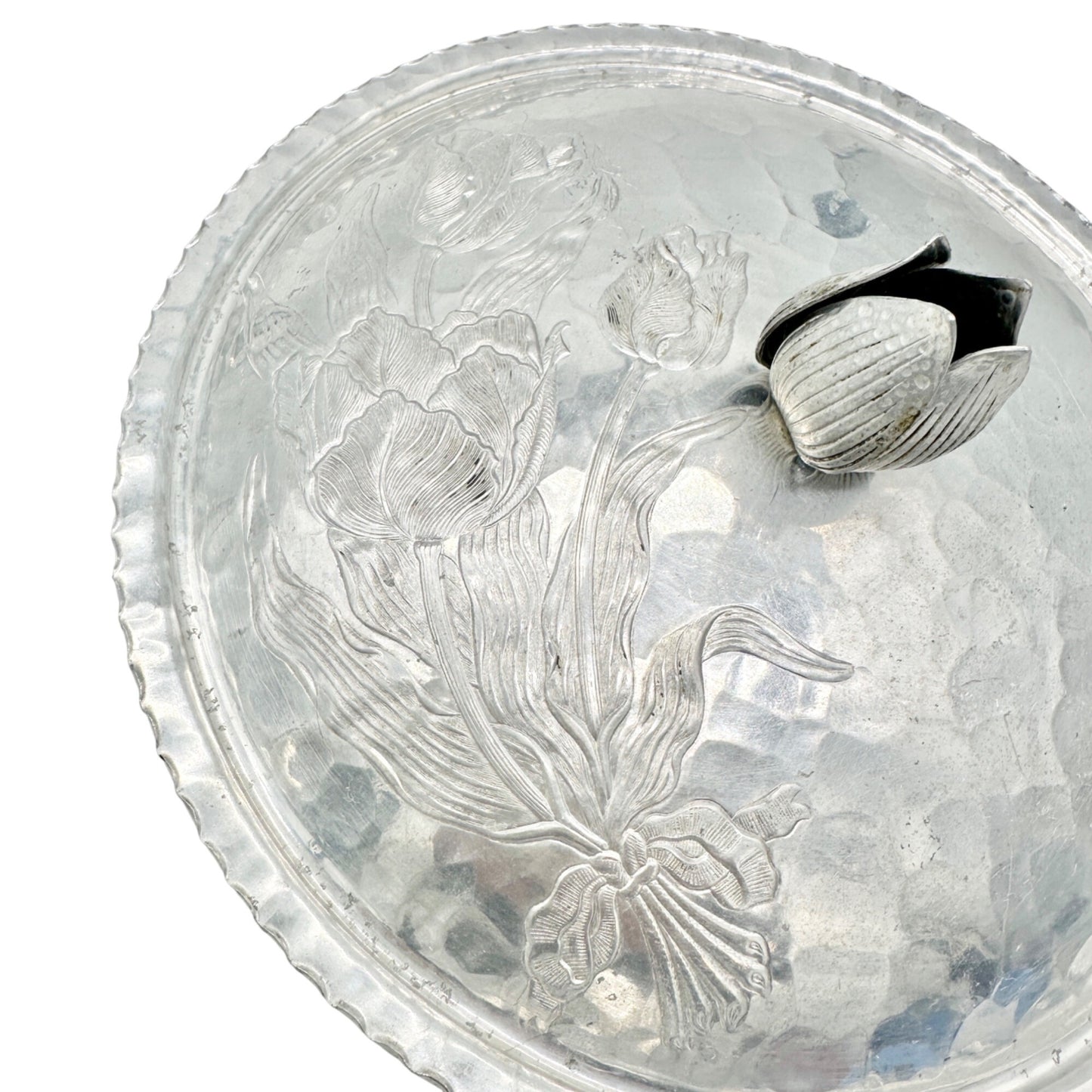 Rodney Kent Silver Co Hand Wrought Aluminum Lidded Serving Dish Floral Design