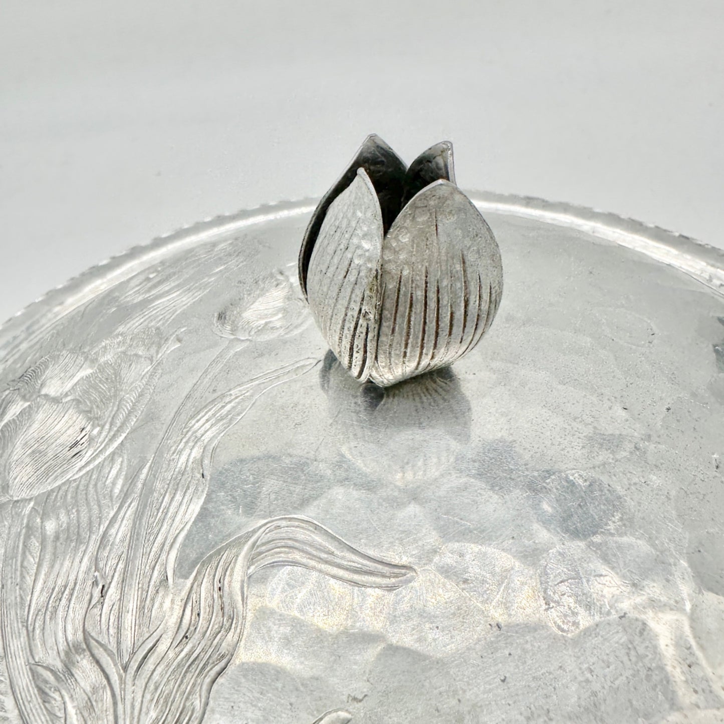 Rodney Kent Silver Co Hand Wrought Aluminum Lidded Serving Dish Floral Design