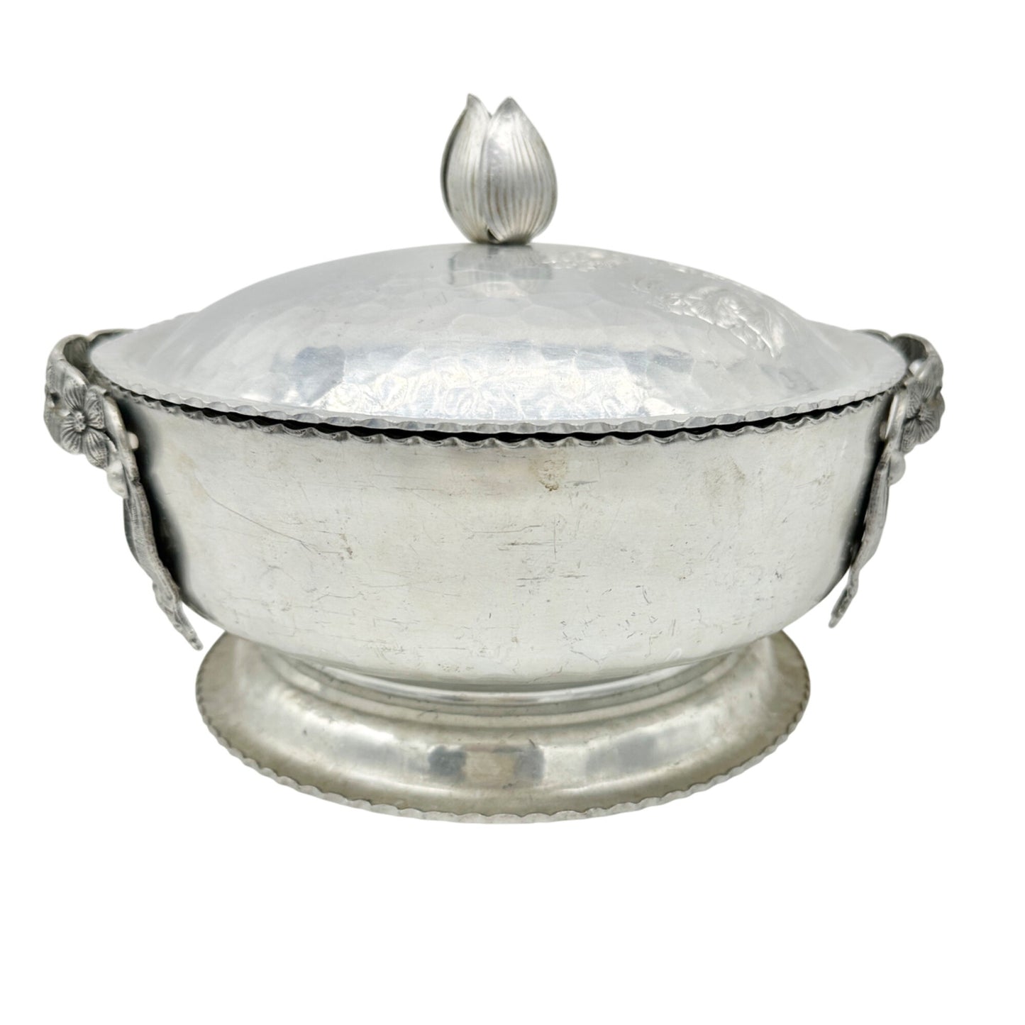 Rodney Kent Silver Co Hand Wrought Aluminum Lidded Serving Dish Floral Design