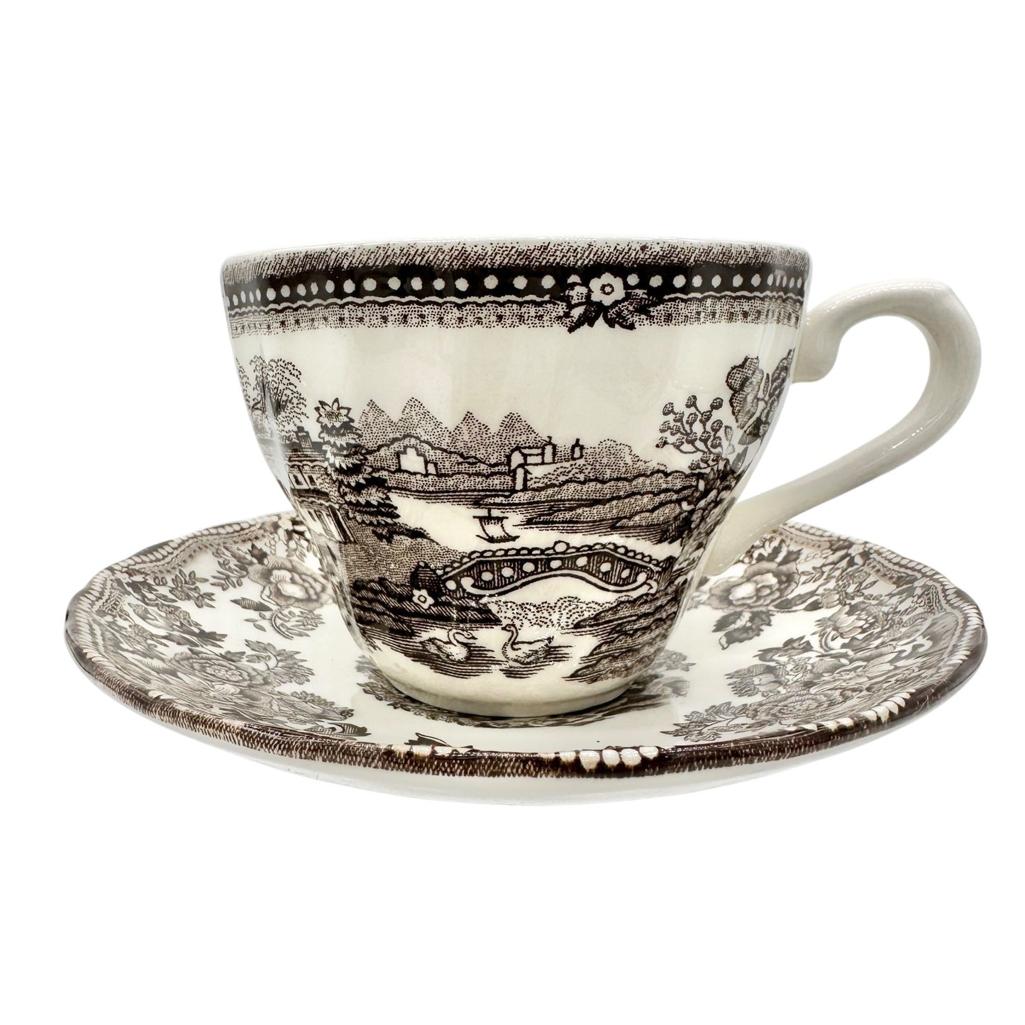 Churchill Cup and Saucer Set White with Brown Landscape and Floral Scene