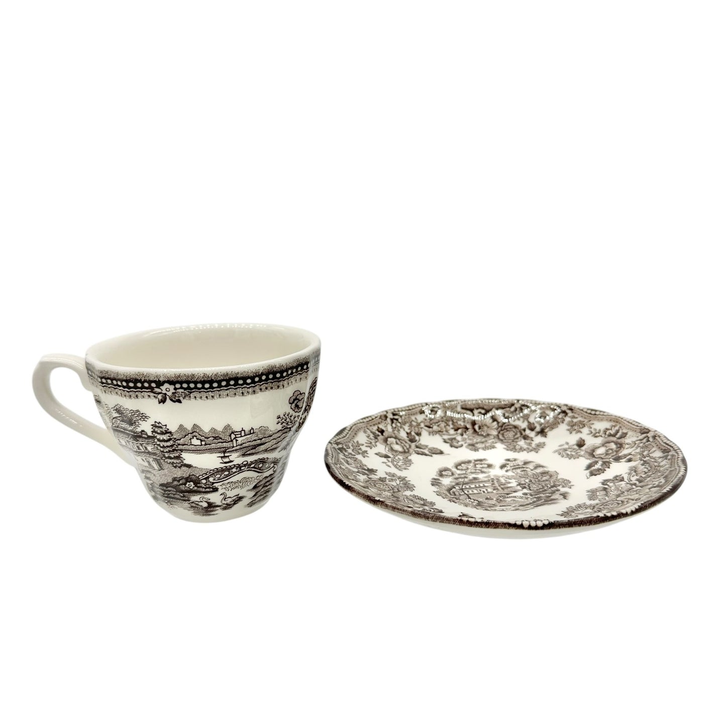 Churchill Cup and Saucer Set White with Brown Landscape and Floral Scene