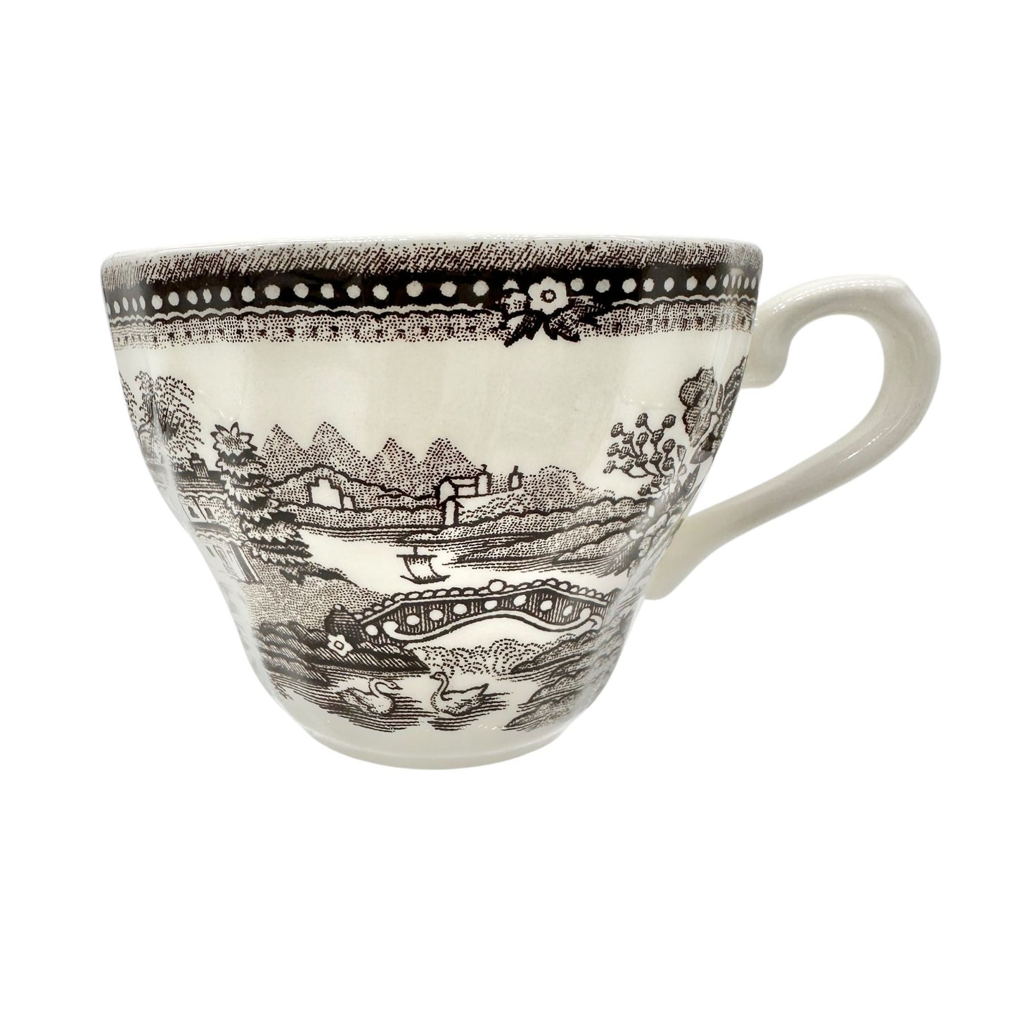 Churchill Cup and Saucer Set White with Brown Landscape and Floral Scene