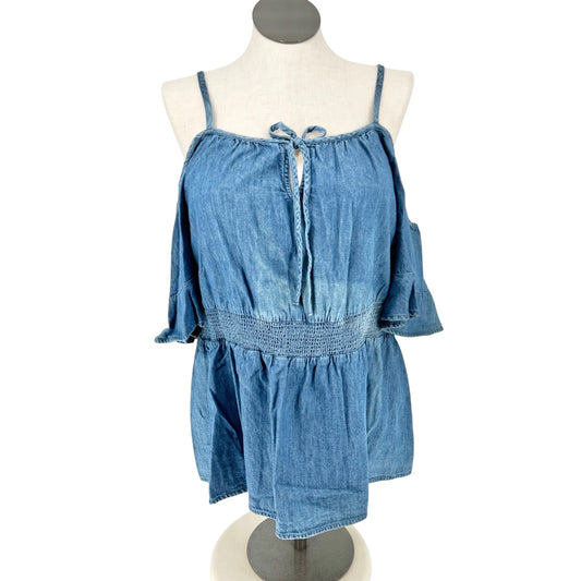 Lane Bryant Tunic Top Womens 22 Blue Cambray Off Shoulder Sleeves Smocked Waist