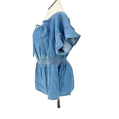 Lane Bryant Tunic Top Womens 22 Blue Cambray Off Shoulder Sleeves Smocked Waist