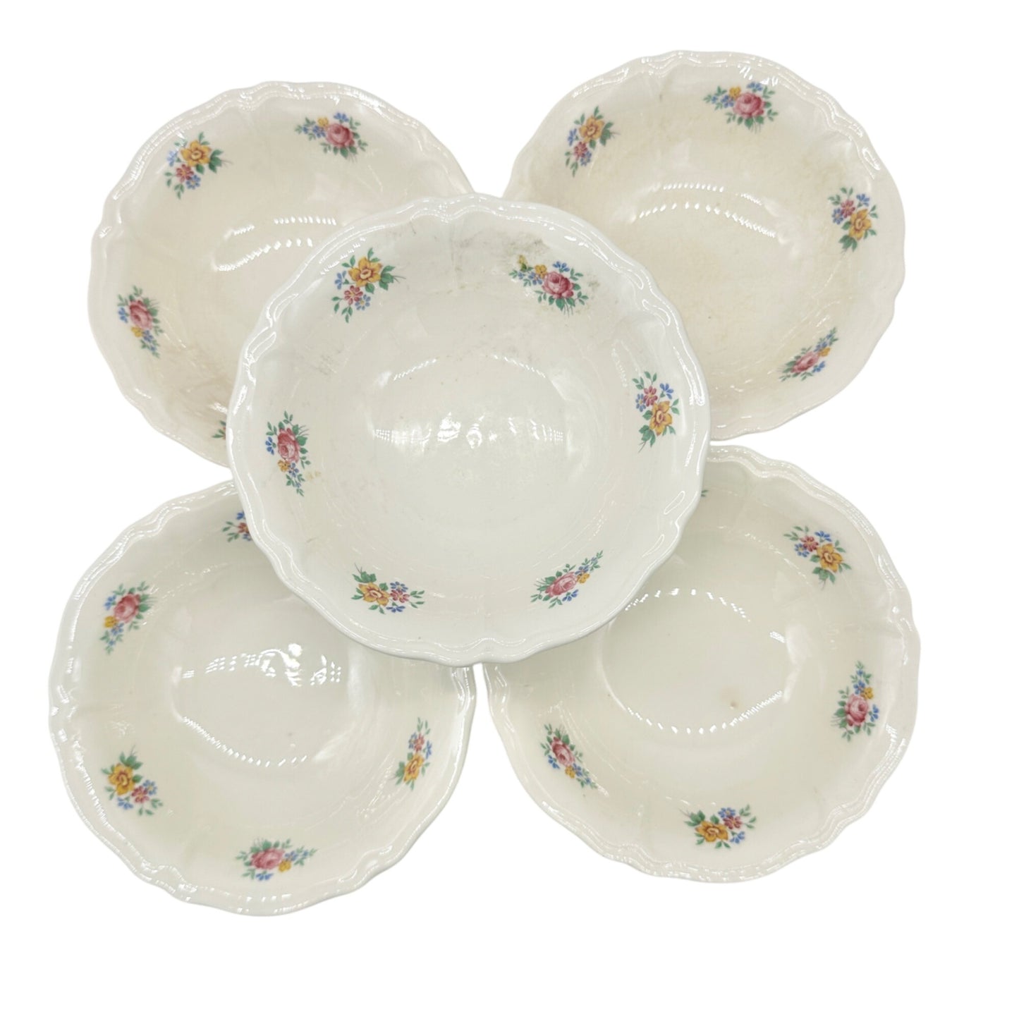 Tea Rose USA Set of 5 Bowls Floral Pattern Porcelain Scalloped 6" Round Vintage