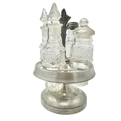 Antique Childrens Tableware Castor Cruet Set - 4 Ornate Glass Bottles and Stand