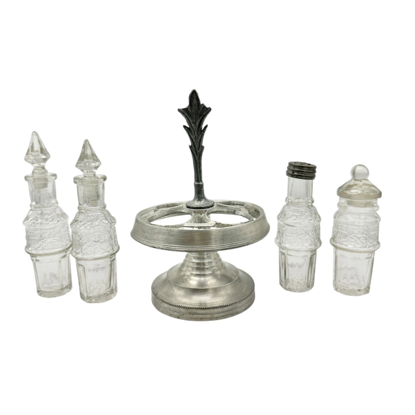 Antique Childrens Tableware Castor Cruet Set - 4 Ornate Glass Bottles and Stand