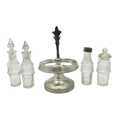 Antique Childrens Tableware Castor Cruet Set - 4 Ornate Glass Bottles and Stand