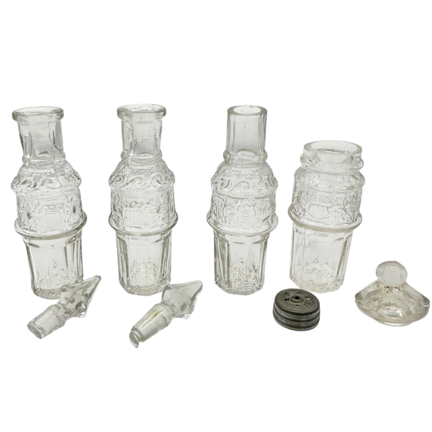 Antique Childrens Tableware Castor Cruet Set - 4 Ornate Glass Bottles and Stand